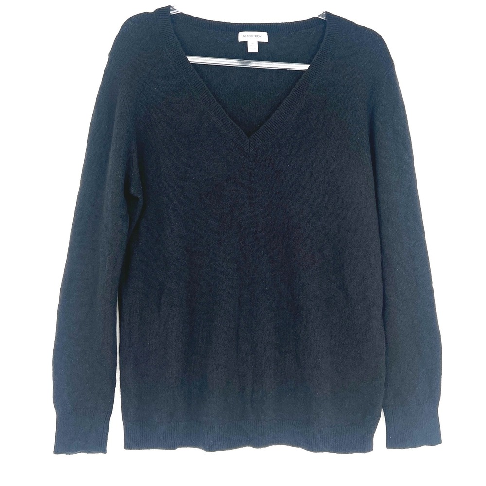 Nordstrom Cashmere V-Neck Sweater Womens XL Black Long Sleeve Knit Minimalist